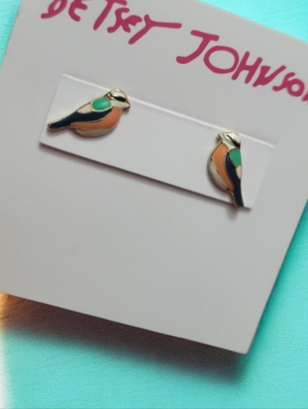 Betsey Johnson Green and Orange Color Enamel Bird Stud Mini Earrings